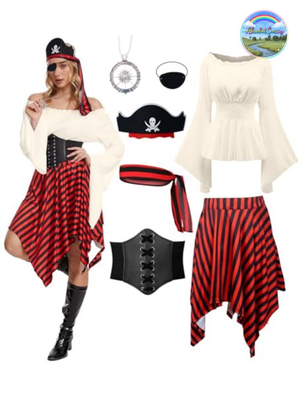Women Pirate Costume Renaissance Shirt Striped Dress Halloween